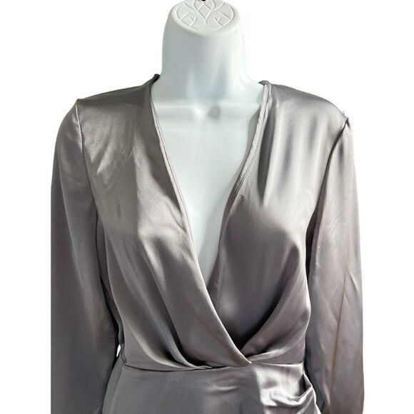 ZARA Charcoal Gray Satin V-Neck Longs Sleeve Wrap Mini Dress In Size XS - Picture 4 of 6